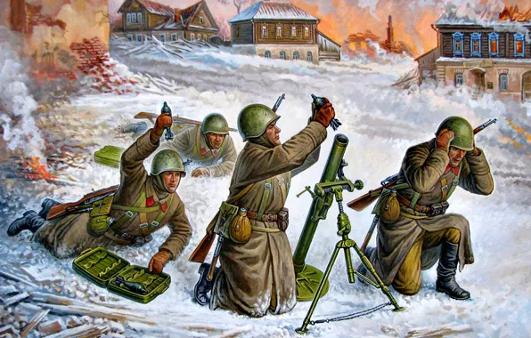 Зима, Снег, мины, Великая Отечественная война, Вторая Мировая война, Красная Армия, Расчет, 82-мм миномет