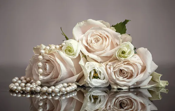 Картинка цветы, отражение, розы, букет, белые