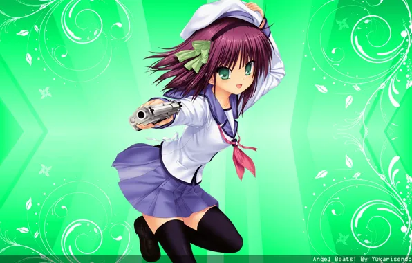 Пистолет, чулки, берет, зеленые глаза, angel beats, матроска, yuri nakamura