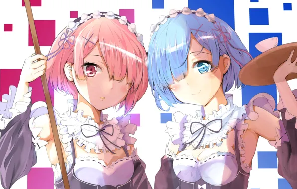 Девочки, аниме, арт, Рем, Рам, Re Zero Kara Hajimeru Isekai Seikatsu