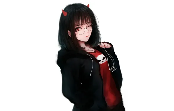 Картинка девушка, очки, белый фон, рожок