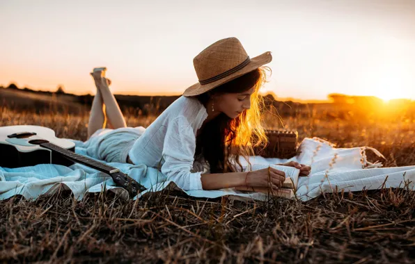 Картинка лето, девушка, закат, природа, шляпа, книга, Nicola Davide Furnari