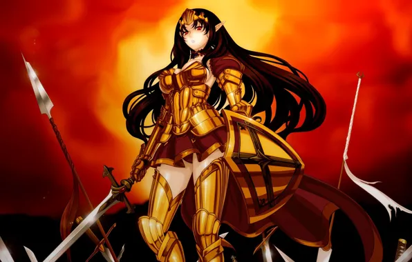 Kawaii, battlefield, red, sword, game, fighter, armor, long hair
