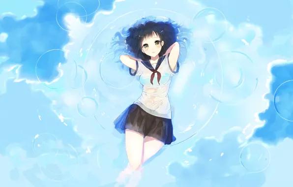 Картинка небо, вода, девушка, облака, пузыри, аниме, арт, форма