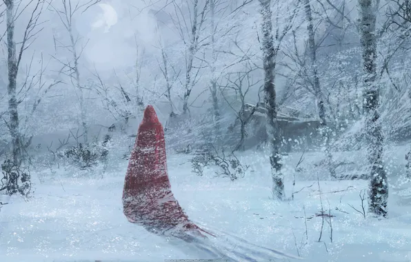 Картинка зима, лес, снег, деревья, красный, фигура, арт, плащ