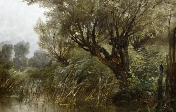 Картинка деревья, пруд, картина, Пейзаж, Карлос де Хаэс