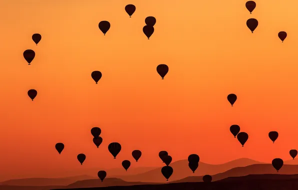Картинка небо, горы, воздушный шар, зарево, Турция, Каппадокия