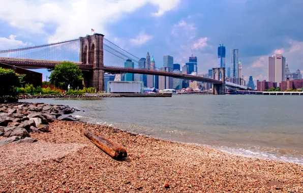Небо, пейзаж, мост, дома, США, Brooklyn, New York
