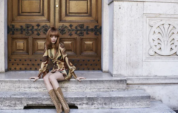 Девушка, поза, платье, сидит