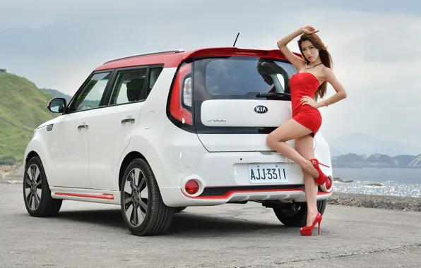 Взгляд, Девушки, азиатка, красивая девушка, белый авто, красивое платье, Kia Soul, позирует над машиной