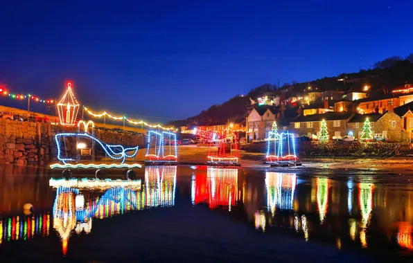 Огни, Англия, Новый Год, Рождество, Корнуолл, Mousehole