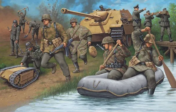 Война, рисунок, переправа, немцы, Jagdpanther, инженерные войска