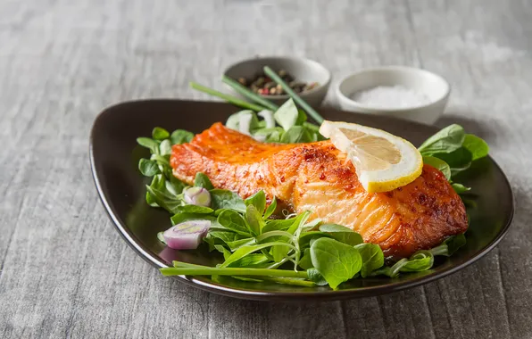 Sea, table, salt, vegetable, tasty, salmon, seafood, slice