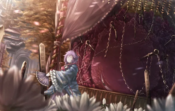 Девушка, цветы, веер, цепи, Touhou, satori komeiji
