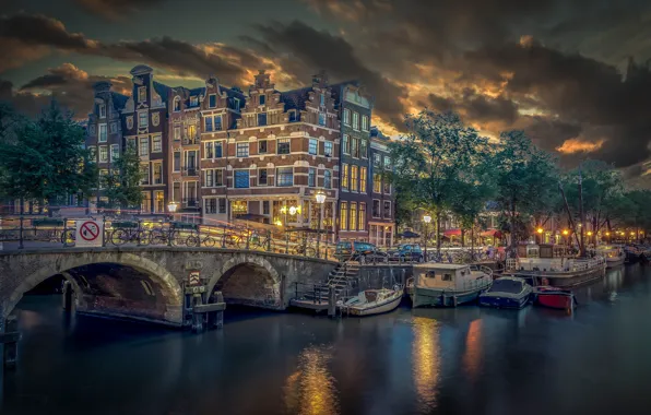 Мост, здания, лодки, причал, Амстердам, канал, Нидерланды, Amsterdam
