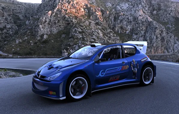 Синий, скалы, Peugeot 206