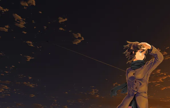 Небо, девушка, закат, самолёт