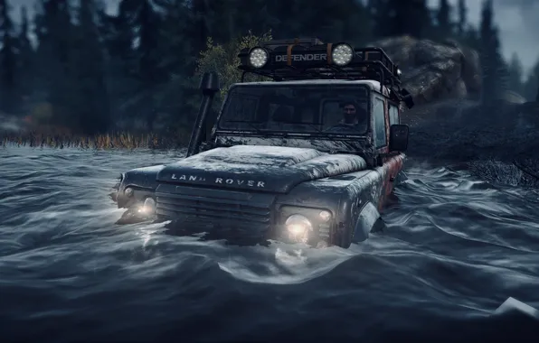 HDR, Land Rover, Wood, Water, Lights, Game, Defender, River