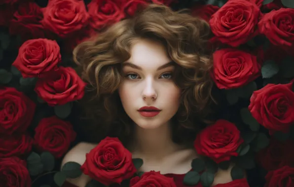Лето, взгляд, девушка, цветы, лицо, портрет, розы, макияж