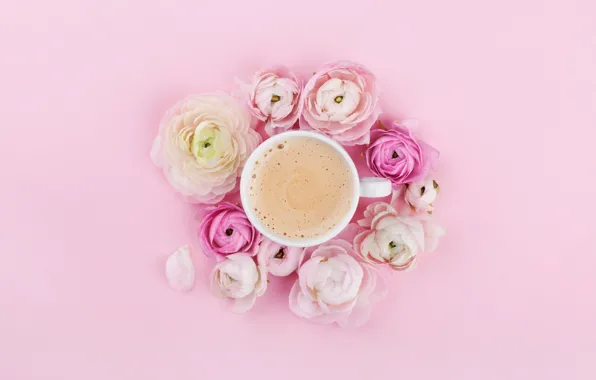 Цветы, розовый, кофе, чашка, pink, coffe, cappuccino, ранкулюсы