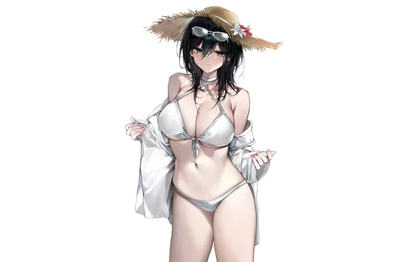 Girl, sexy, wet, cleavage, long hair, hat, boobs, anime