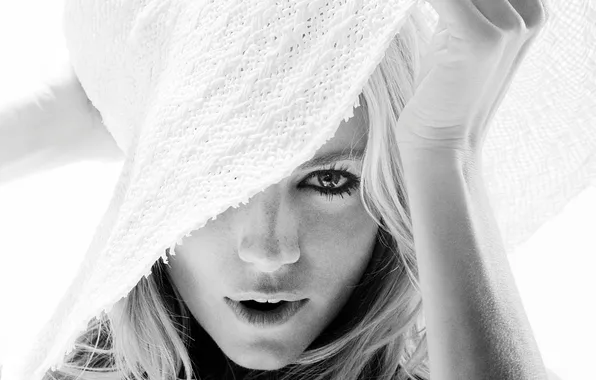 Картинка шляпа, актриса, блондинка, черно-белое, Sienna Miller, знаменитость, Сиенна Миллер