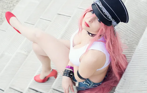 Девушка, ступени, браслеты, фуражка, cosplay, розовые волосы, Street Fighter, Poison