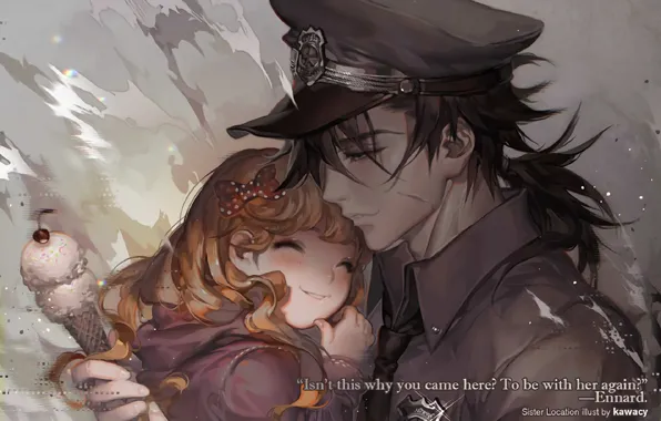 Картинка романтика, аниме, арт, мороженое, девочка, кепка, парень, шрам