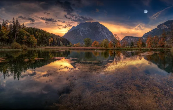 Картинка осень, лес, небо, закат, горы, озеро, отражение, луна