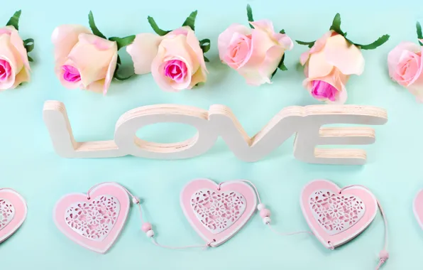 Розы, сердечки, love, heart, wood, pink, flowers, romantic