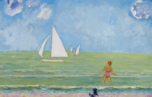 Картинка берег, лодка, собака, парус, морской пейзаж, Kees van Dongen, Bather with his poodle