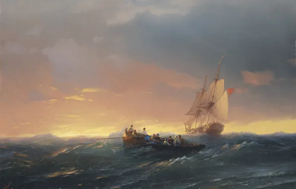 Море, лодка, картина, морской пейзаж, Иван Айвазовский, Корабли на Волнах при Закате