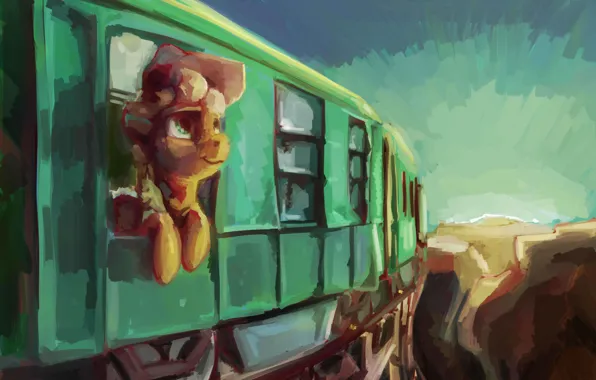 Картинка поезд, арт, пони, My Little Pony, Applejack, Sharpieboss