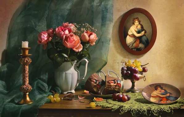 Цветы, портрет, розы, свеча, тарелка, виноград, чашки, ткань