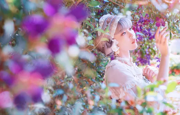 Картинка лето, девушка, свет, цветы, природа, лицо, поза, сад