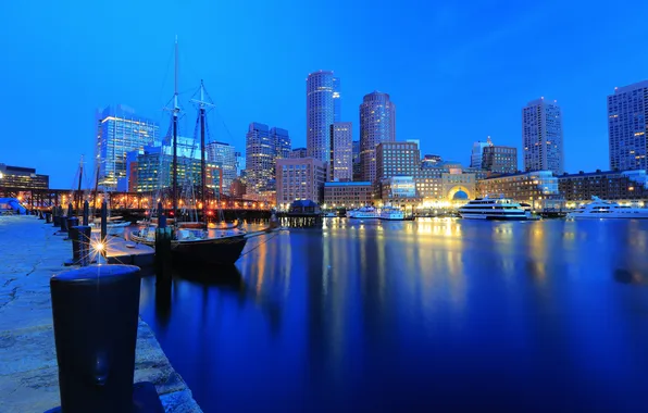 Здания, яхты, причал, ночной город, набережная, Бостон, Boston, гавань