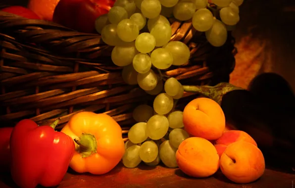 Корзина, виноград, гроздь, перец, фрукты, абрикосы