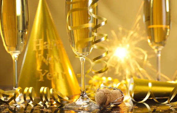 Новый Год, бокалы, golden, шампанское, серпантин, New Year, бенгальские огни, celebration