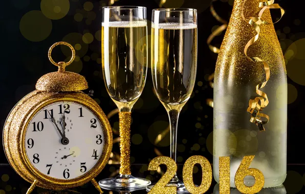 Картинка часы, бутылка, Новый Год, бокалы, golden, шампанское, New Year, Happy