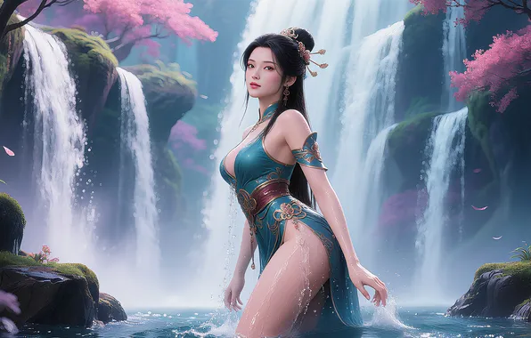 Картинка girl, sexy, waterfall, asian, ai art