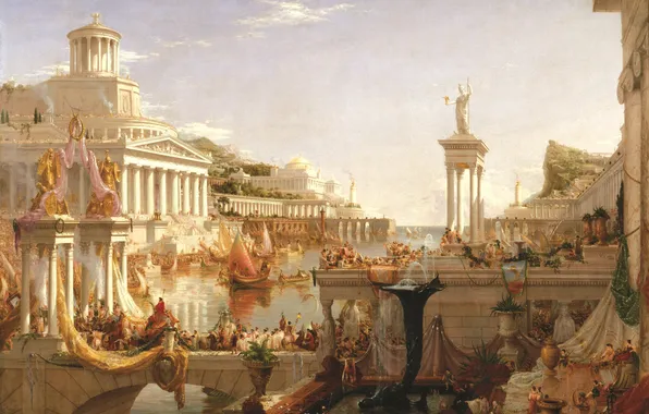Картинка вода, город, люди, здания, картина, живопись, Thomas Cole, The Consummation The Course of the Empire