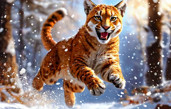 Зима, Кошка, Снег, Пума, Большая кошка, Снегопад, 2025, ИИ арт