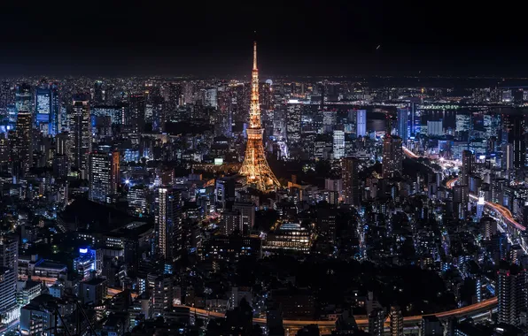 Ночь, башня, Япония, горизонт, Токио, Tokyo, Japan, ночной город