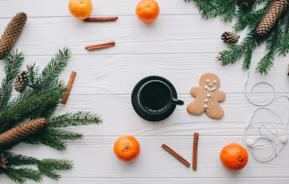 Украшения, Новый Год, Рождество, Christmas, wood, New Year, coffee cup, мандарины