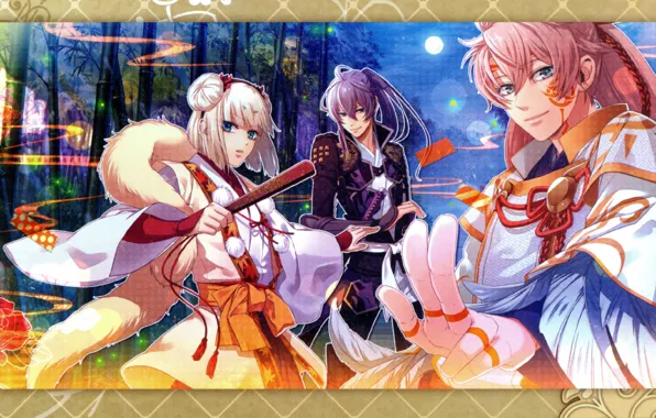 Друзья, розовые волосы, shin, жрецы, visual novel, три парня, toki no kizuna, senkinmaru