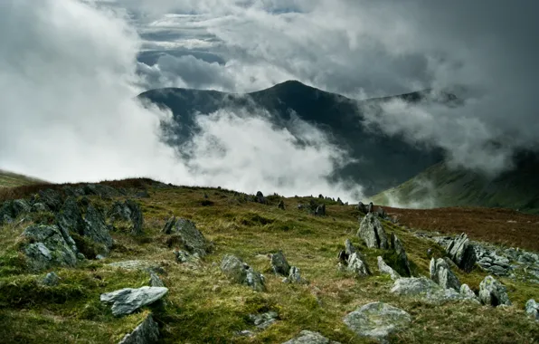 Картинка горы, туман, камни