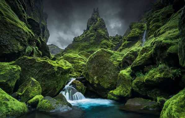 Тучи, скала, гора, мох, rock, Ирландия, clouds, mountain