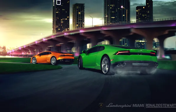 Green, скорость, Lamborghini, поворот, rear, brige, orang, LP 610-4