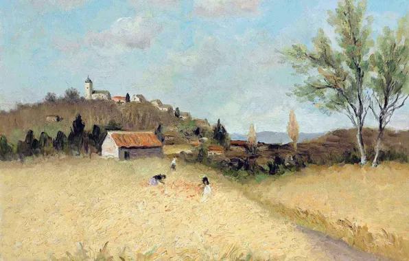 Картинка поле, пейзаж, горы, дом, люди, картина, Марсель Диф, Сбор цветов в Провансе