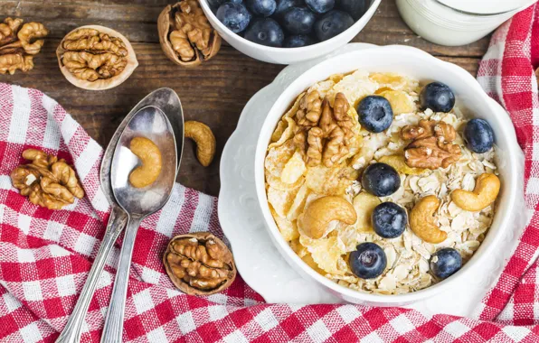 Ягоды, ложка, орехи, nuts, berries, мюсли, muesli, овсянка